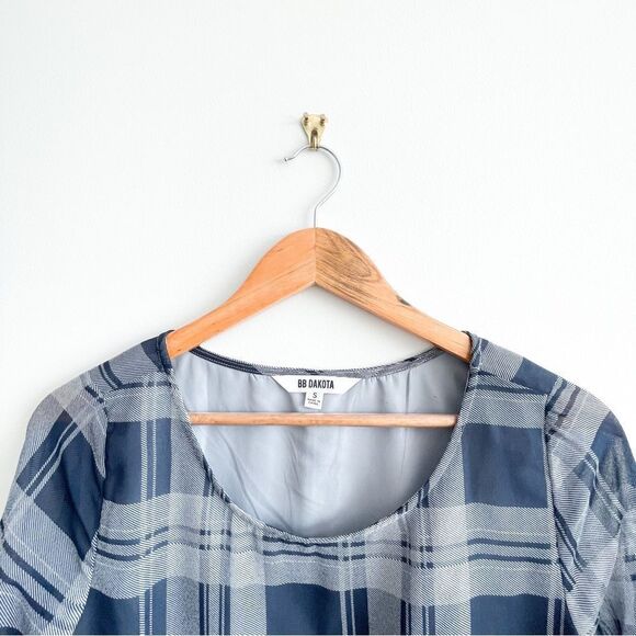 BB Dakota Plaid Dress Shift Dress Navy Gray Long Sheer Sleeve Women's S - Picture 5 of 11